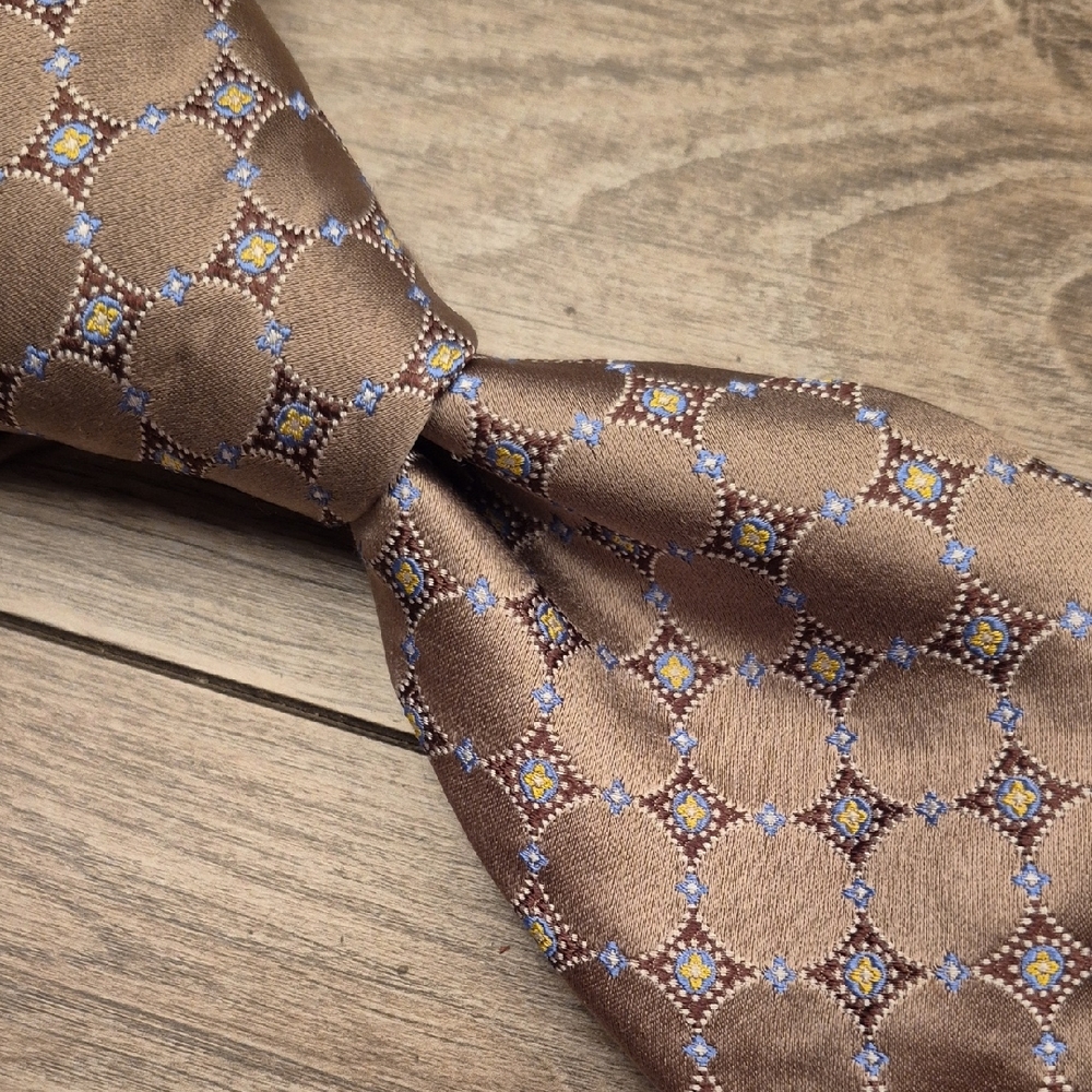 ROBERT TALBOTT Best of Class Metallic Light Brown Silver Circles Mens Silk Tie